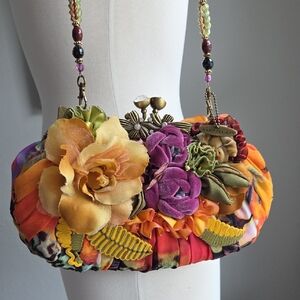 Mary Francis Floral Embellish Mixed Media Kisslock Bag